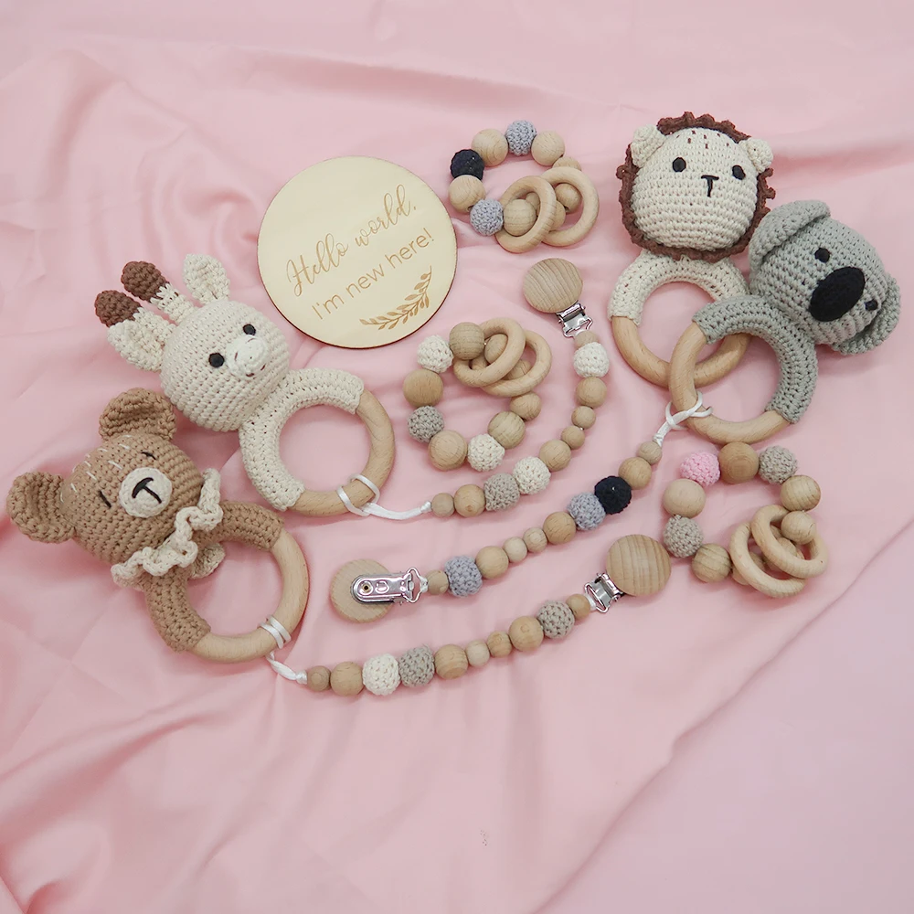 New Custom Beech Wood Handmade Rattle Teether Baby Crochet Toys
