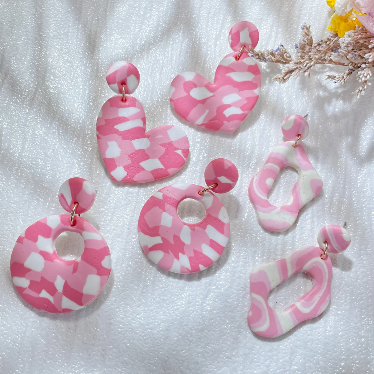 Handcrafted Heart Shaped Geometric Irregular Pendant Polymer Clay Earrings Ear Stud