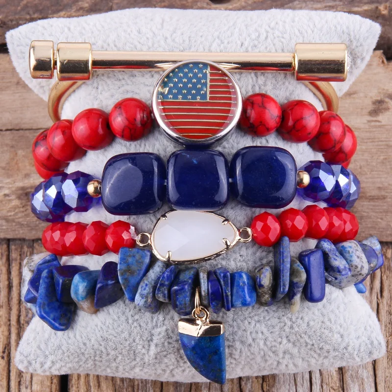 Новинка, эластичные Хрустальные стеклянные бусины из натурального камня, металлическая стрела, для ногтей, друза, браслет, Набор браслетов, флаг США, Великобритании, Германии