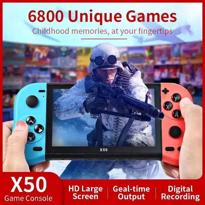 2022 New Design Hot Sale X50 5.1 inch Portable Retro Video Game Console Handheld Game Player Built in 6800 None Repeat Games