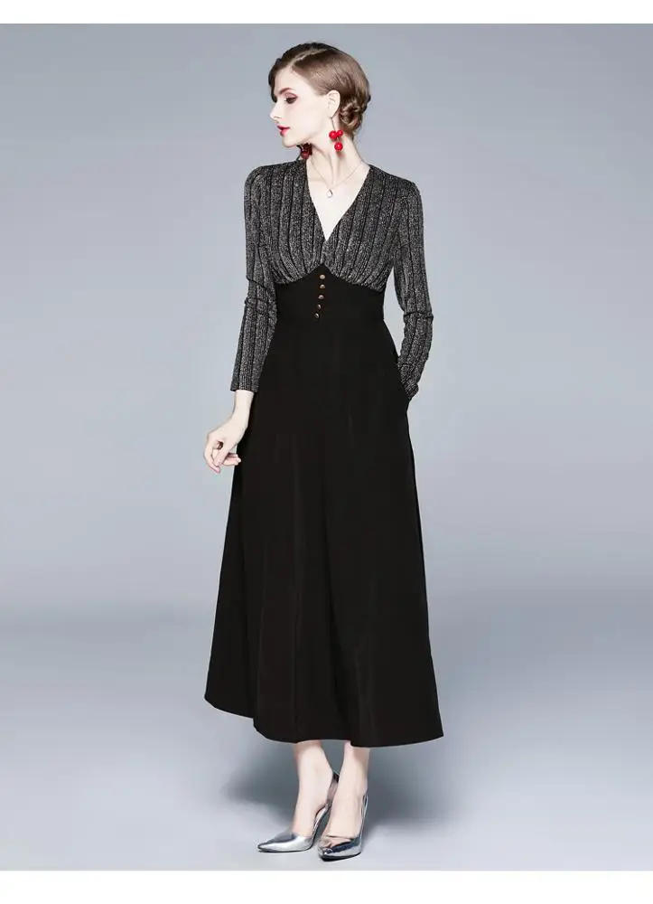 Hot Sale long sleeve V Neck elegant maxi dresses women empire slimming style buttons decoration umbrella dresses