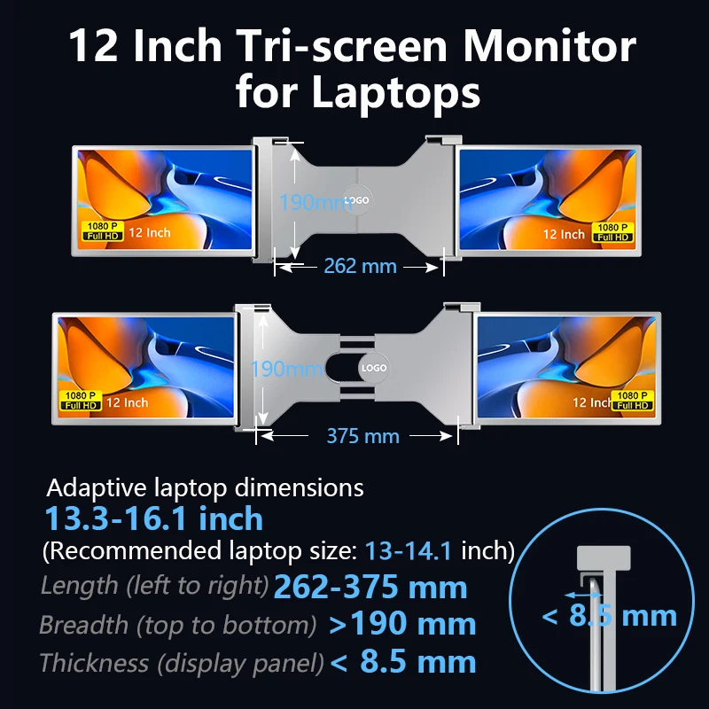 hot portable monitor double screen 12 inch lcd screen monitor for 13.3 to 16.1 inch laptop