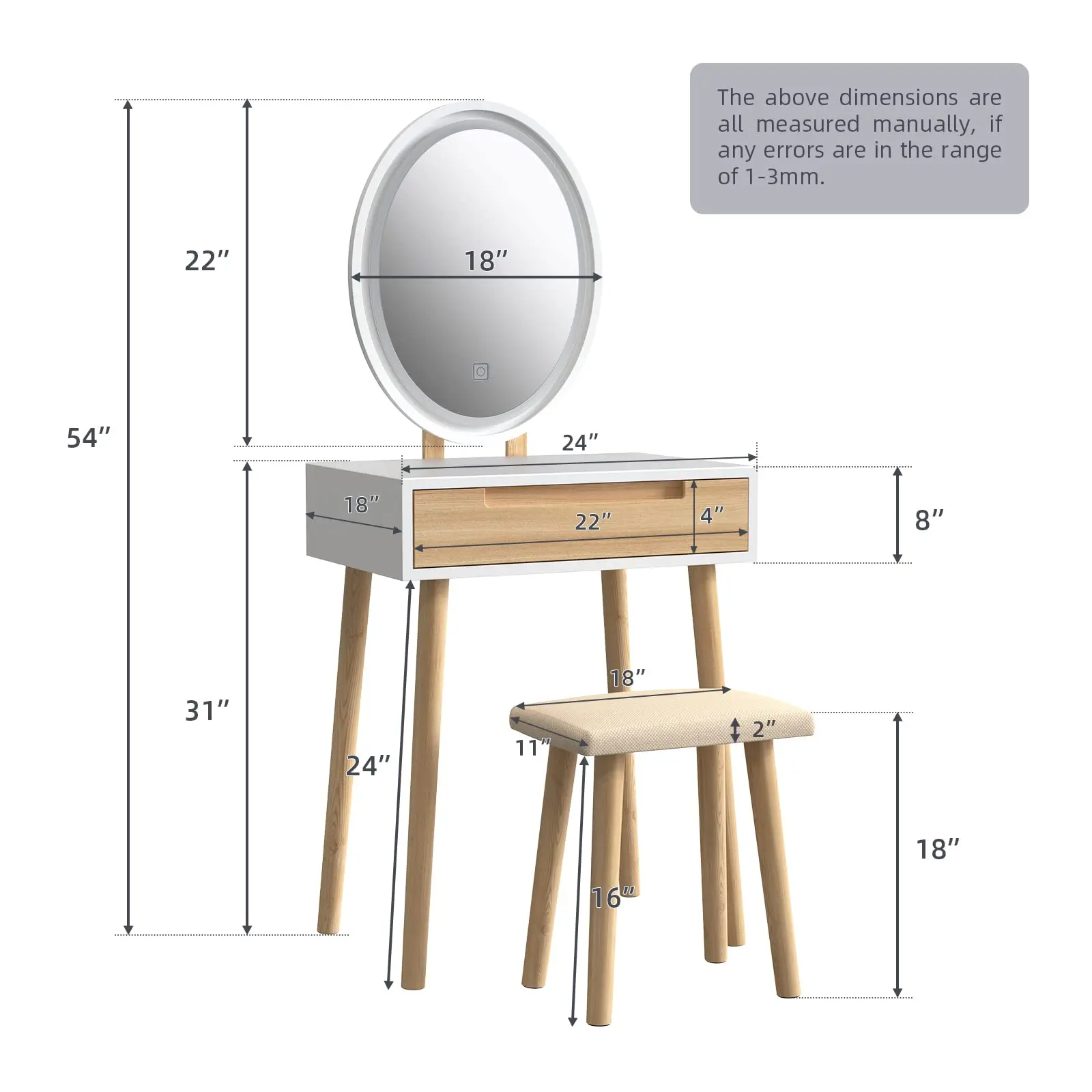Small Vanity Desk Wood Set for Makeup with Stool Simple Mini Design Dressing Table with a LED Mirror and one Drawer for Bedroom