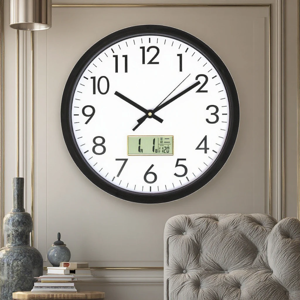 12inch Wall Clock With Digital Readout for Month, Date, Day and Room Temperature