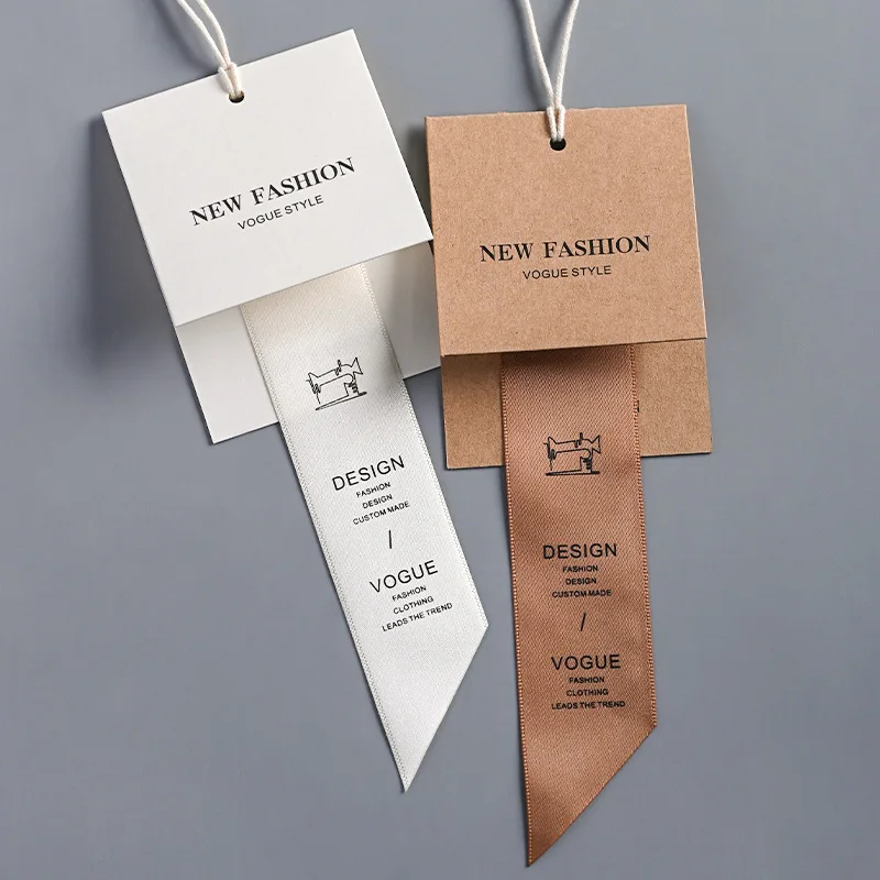 Fashion New hanging tags ribbon folded craft paper design clothing stock tag labels with logo custom hang tags
