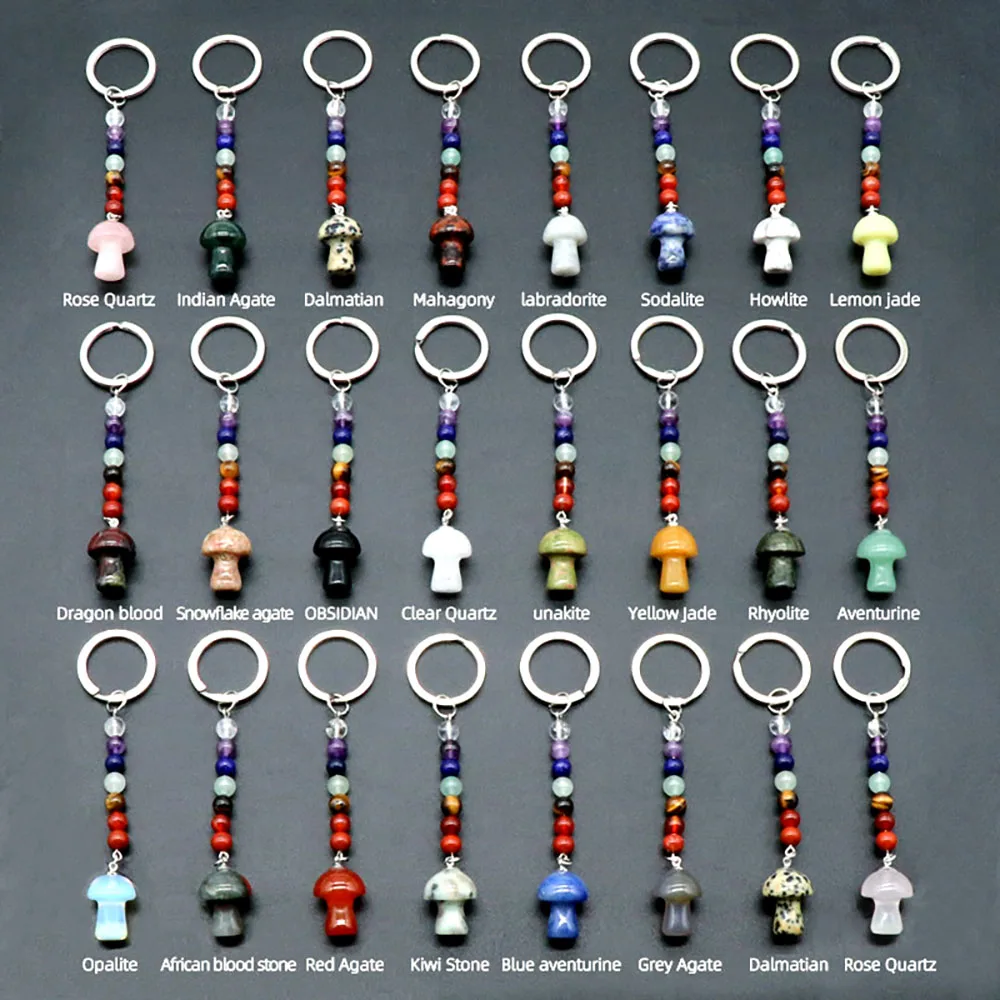 Cute crystal mushroom key chain wholesale natural crystal seven chakra stone key chain with mushroom