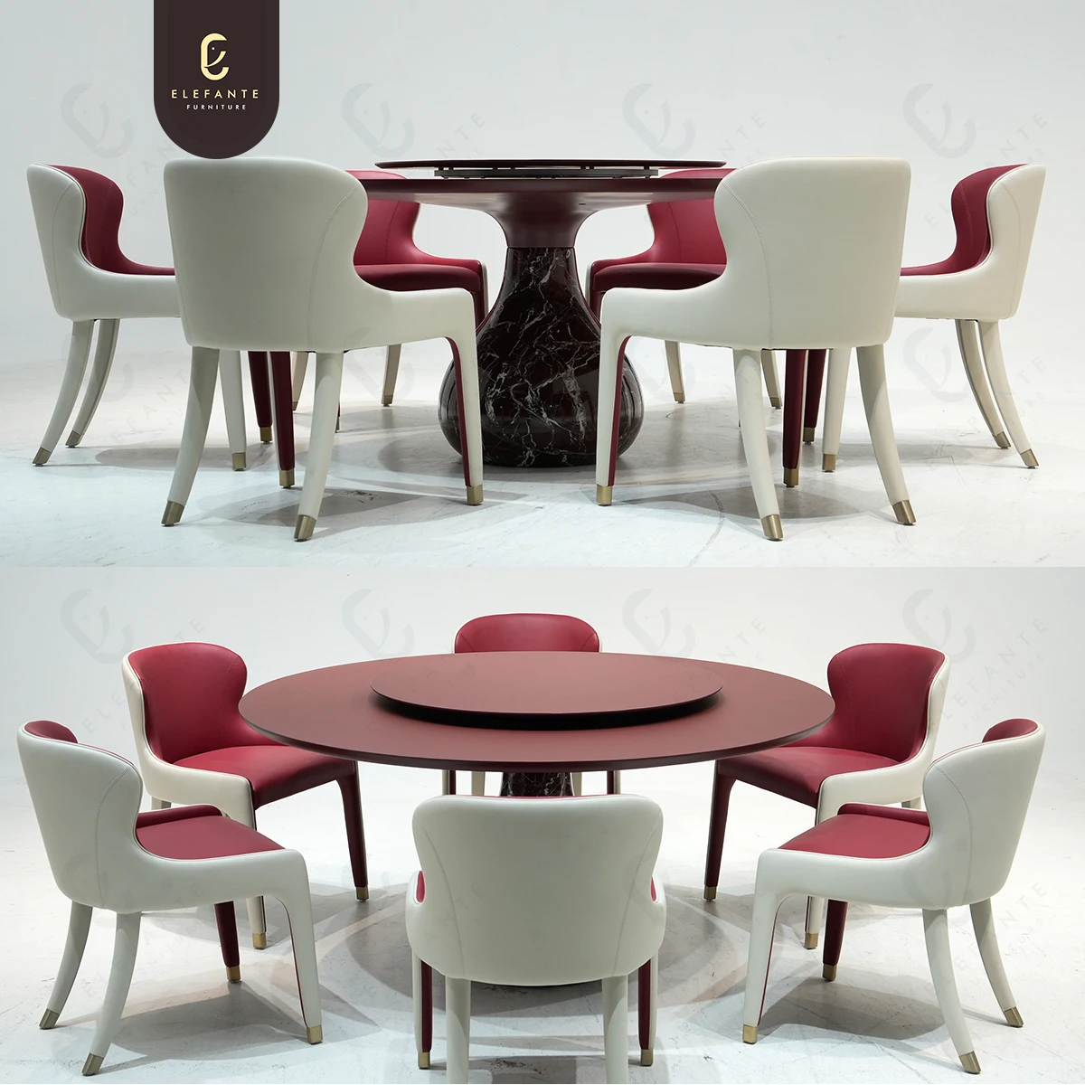 Elefante Round Dining Table Set 6 Seater Phoenix Board Countertop with Marble Stone Base Dining Table