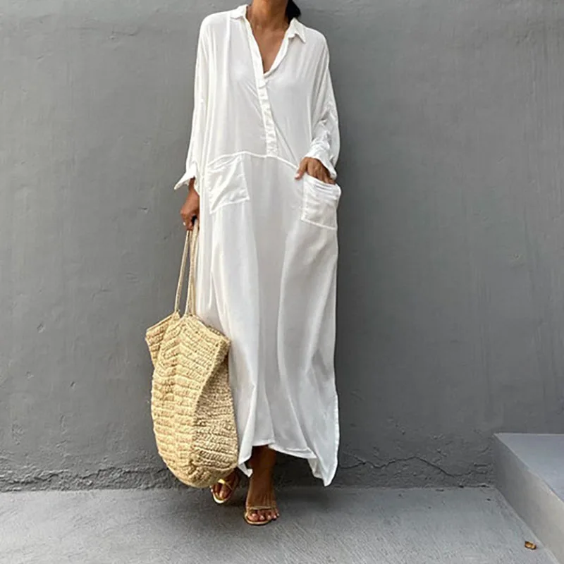 100% Rayon Summer Elegant White White Sun Protection Wraps Dress With Pocket Casual Women Bikini Cover Up Swimwear Sandbeach