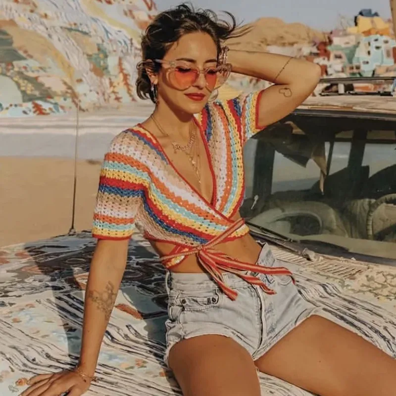 Factory Summer women colorful striped sexy crop top two piece set lace up hand crochet knit top cotton knit shorts suit