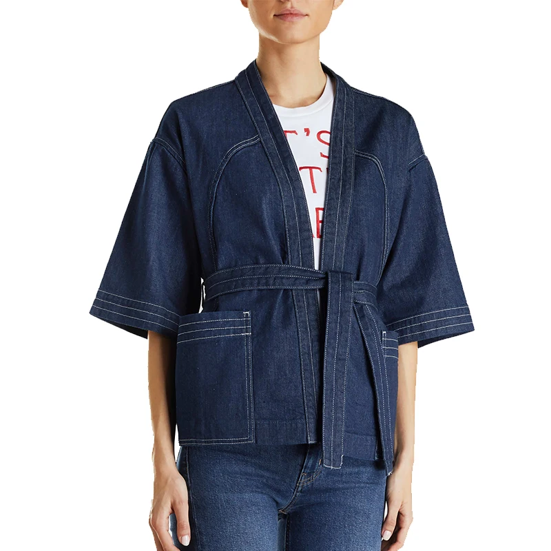 
Wholesale Stylish Open Front Denim Kimono Tops For Women 