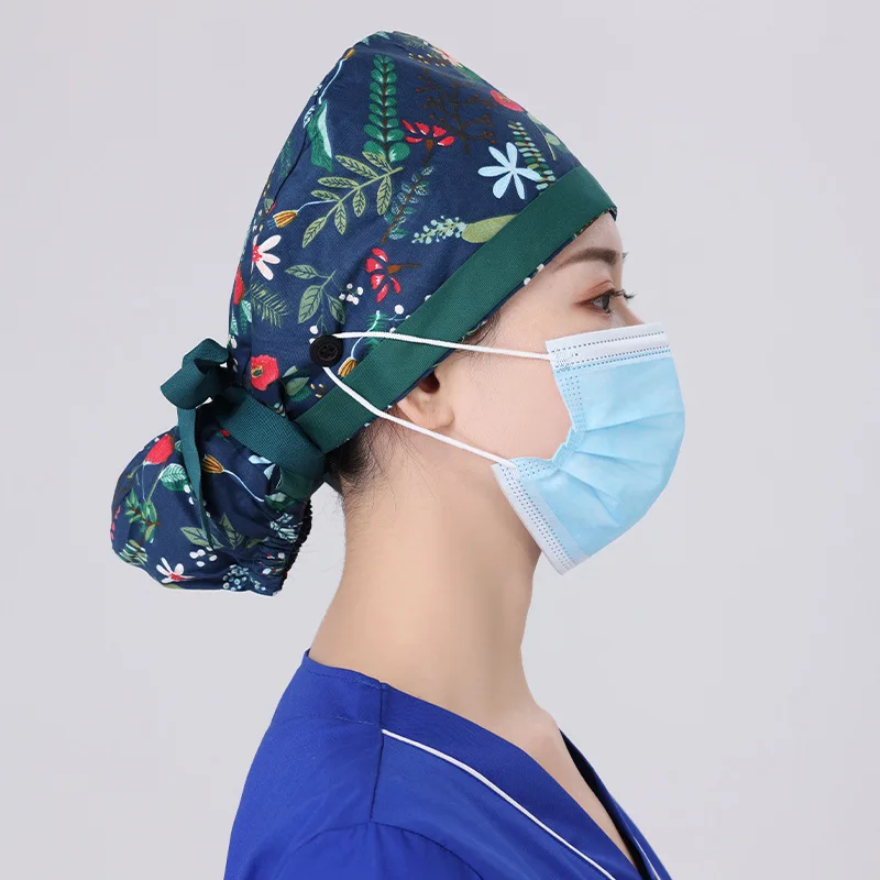 Best Quality Solid Color Satin Embroidered Hat For Long Short Hair Vets Nurse Doctor Surgical Scrub Caps With Bow Tie