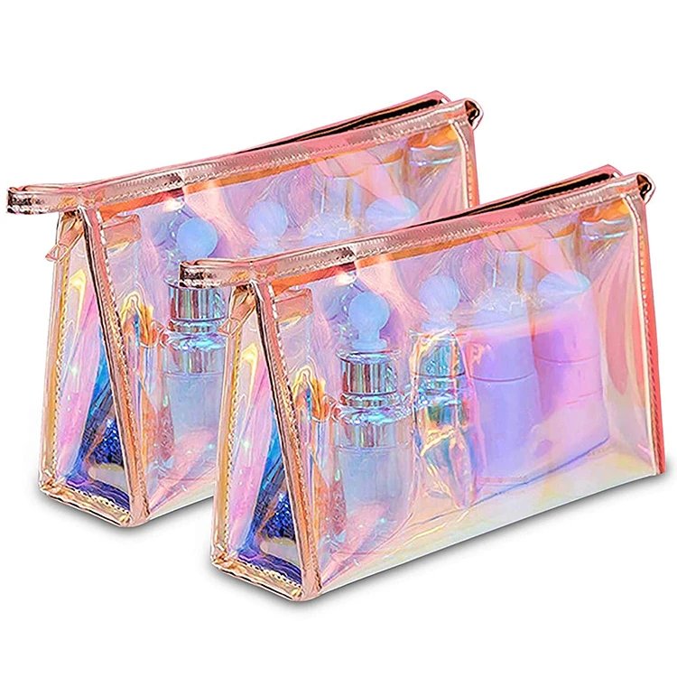 2022 Custom logo laser hologram iridescent pink holographic transparent make up pouch clear PVC makeup toiletry cosmetic bag