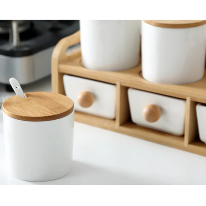 2 Tier Ceramic Cheap Spice Jar Set Seasoning Box Kitchen Salt Sugar Container with Bamboo Stand Rack
