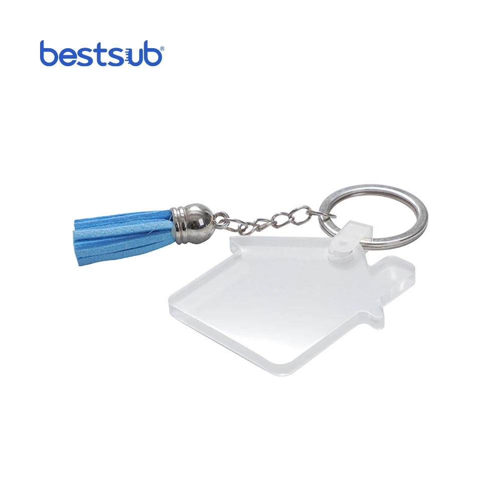 BestSub Wholesale Custom White House Sublimation Blanks Acrylic Keychain with Blue Tassel