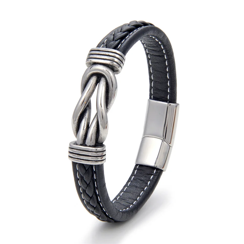 Fashion Twist Hand Woven Braided Square knot Titanium Stainless Steel Love My Son Punk Men Cuff Leather Wrap Bracelet