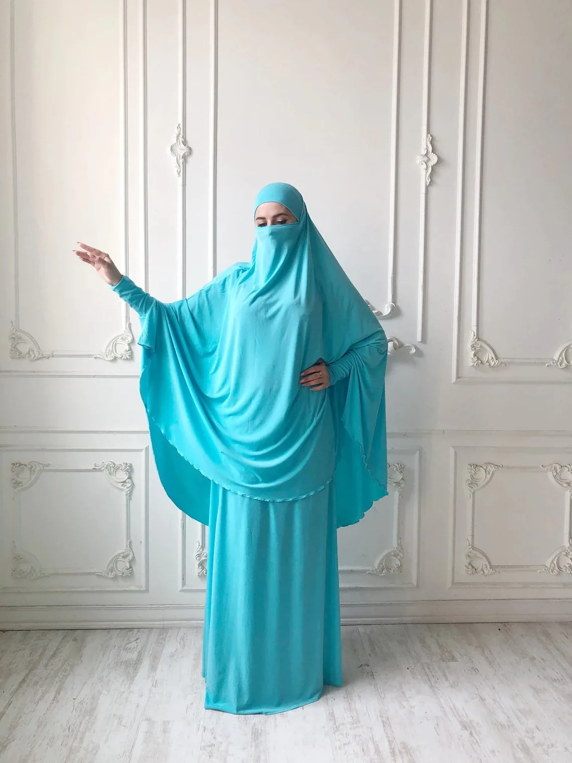 Islamic Ramadan Muslim Turquoise Jersey Long Hijab With Skirt Two Piece Sets Telekung Prayer