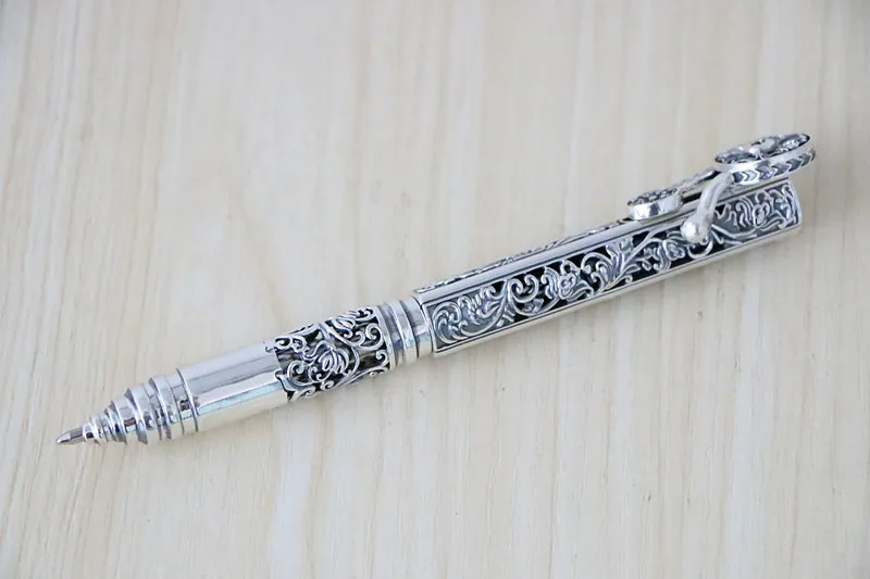 S925 silver Tang grass flower pattern ball water pen automatic retractable stationery signature office business