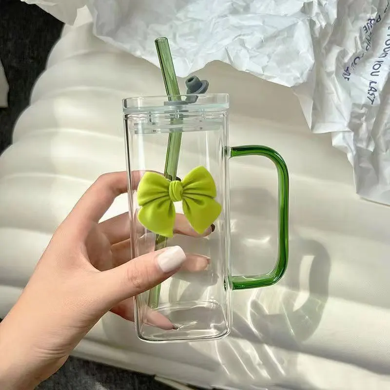 400ml Square Shape Bowknot Bow Design Girl Best Gift For Friend Glass Bottle Cup With Straw and lid