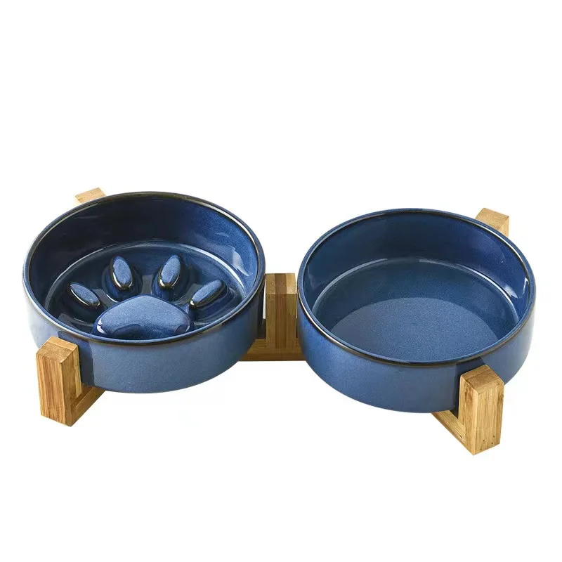 2023 Wholesale Pet Dog Bowl Ceramic Pet Slow Feeder with Wooden Frame Customizable Logo Color Packaging
