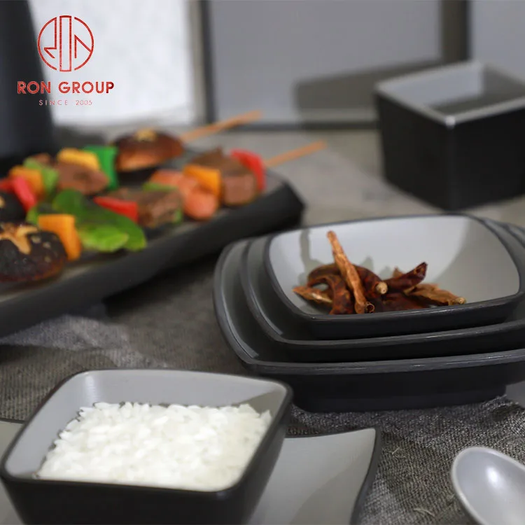 Japanese style high quality grey black food restaurant dinner round sushi plates bowls sets square tableware melamine dinnerware