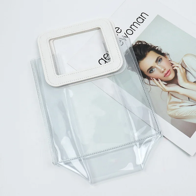 Soft pu leather handles high quality logo printed gift travel tote clear shopping bags recycled clear pvc shopping bag