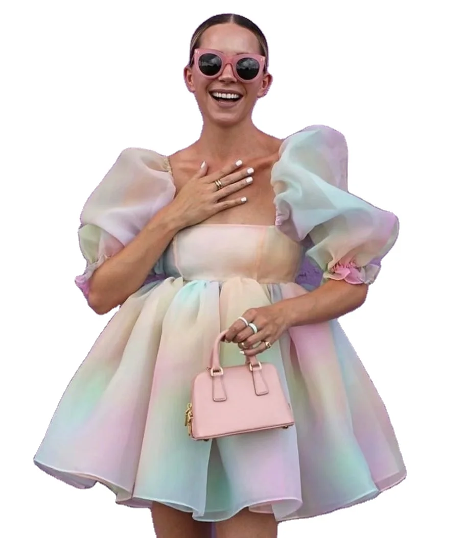 2022 Hot Sale Women Tie Dye Fairy Pleated TUTU Organza Mini Dress Ins Hot Young Girls Half Puff Sleeve Short Princess Dresses