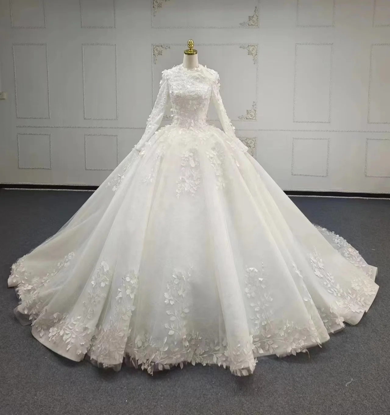 3D flowers high neck long sleeve ball gown muslim wedding dress vestido de novia 2023