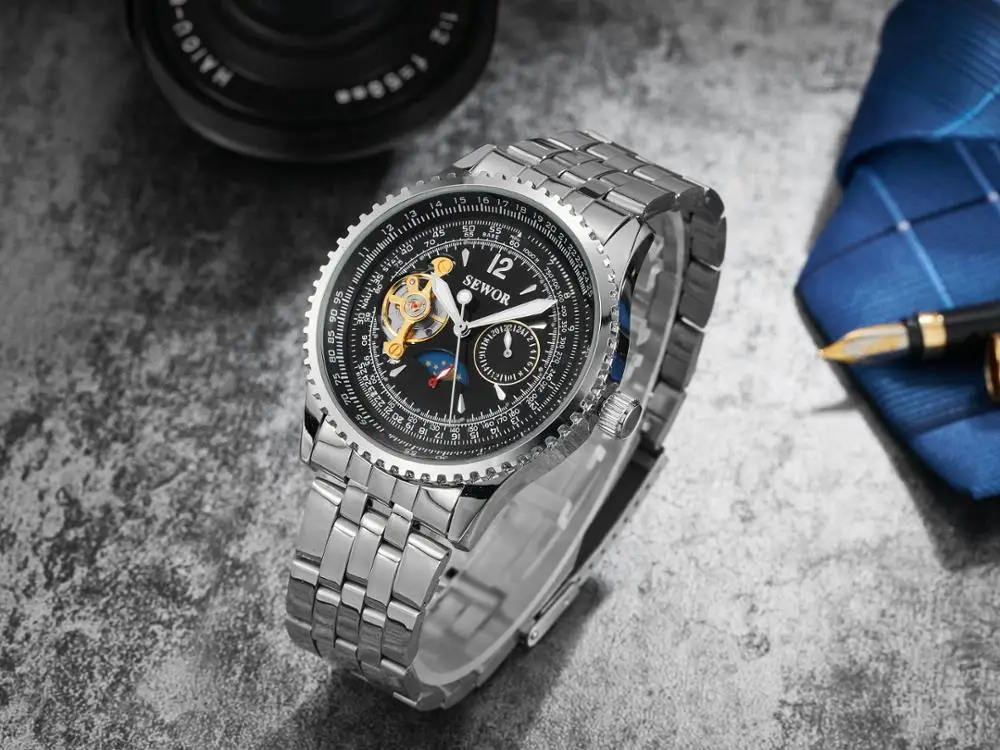 Sewor men black  stainless steel wrist  tourbillon  digital watch mechanical automatic
