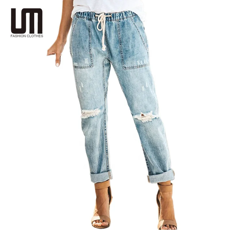 Лидер продаж модные женские повседневные мешковатые брюки с высокой талией большие размеры рваные джинсы