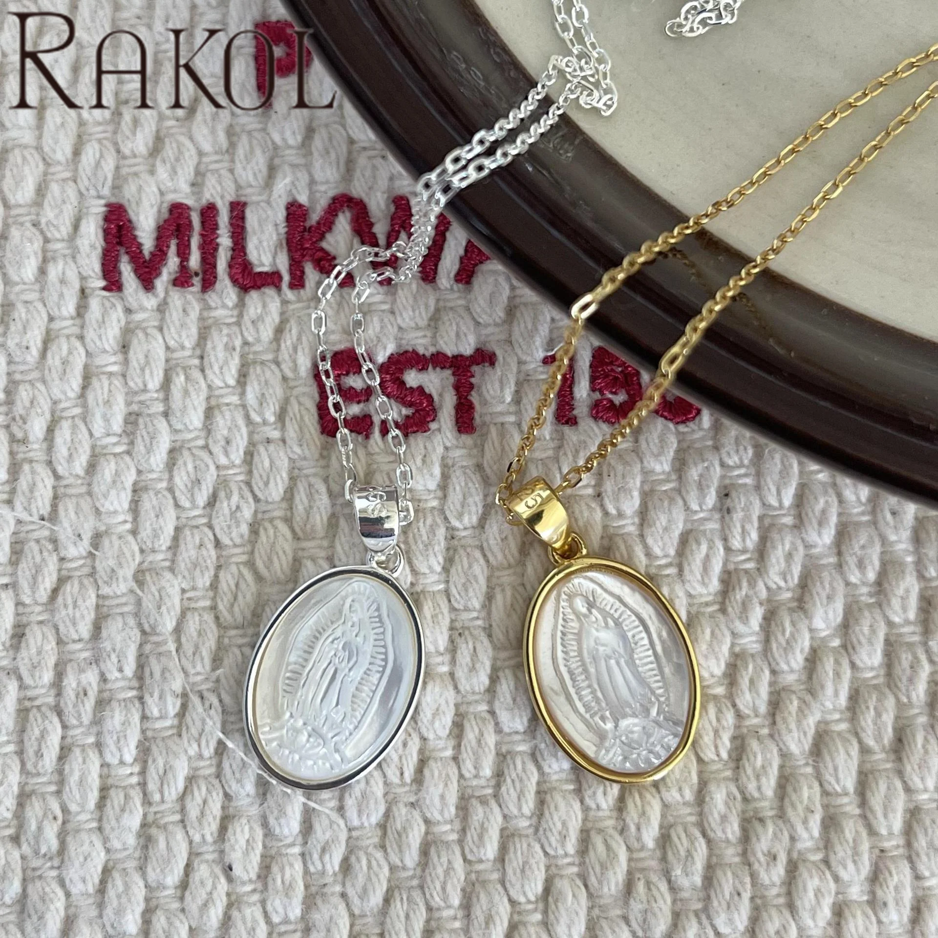 RAKOL ZPN10175 Nordic Style Jewelry S925 Sterling Silver Oval Shaped Virgin Mary Shell Pendant Necklace