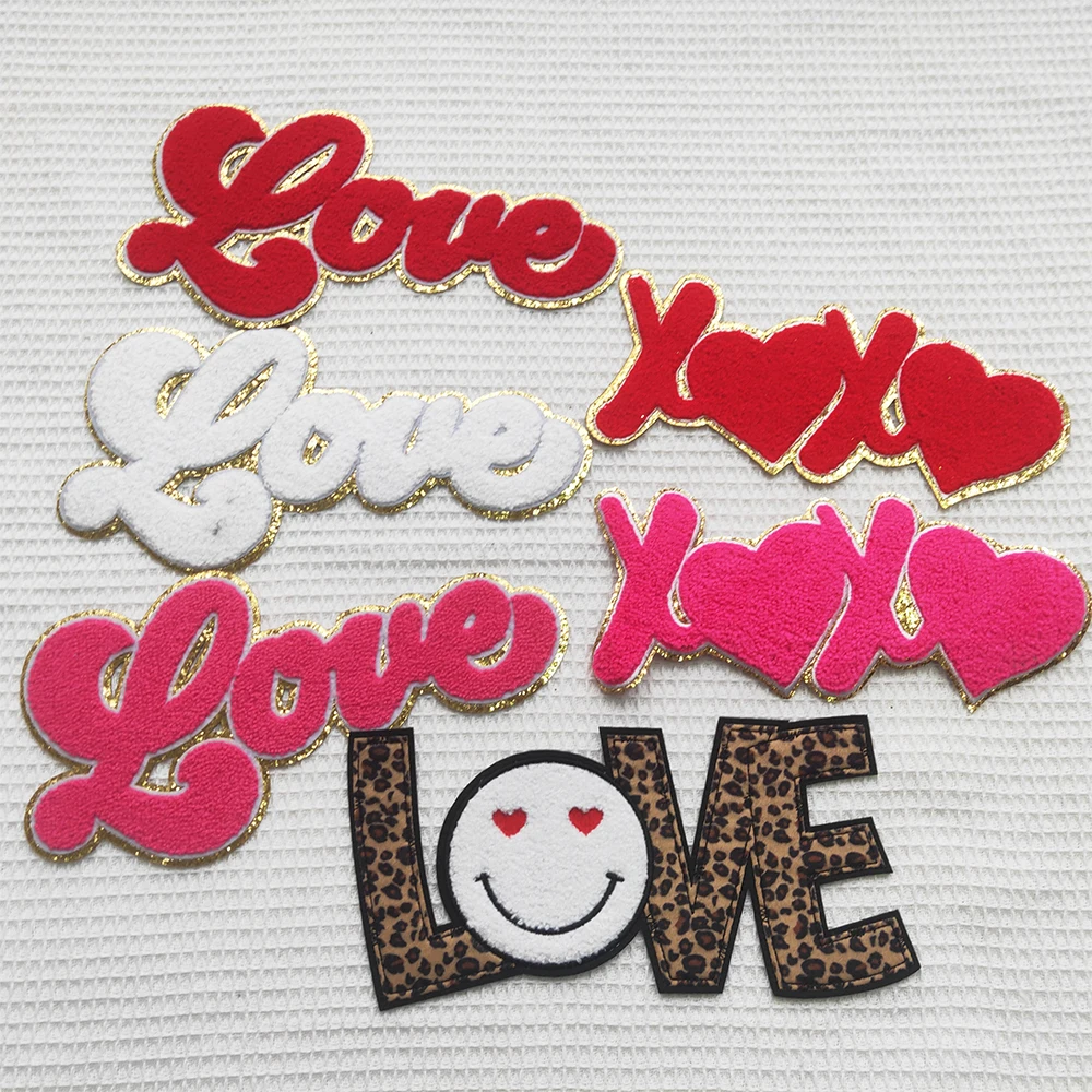2024 new Custom Wholesale valentines XOXO love letter Glitter large Chenille sequin Embroidery iron on Patches for Clothes