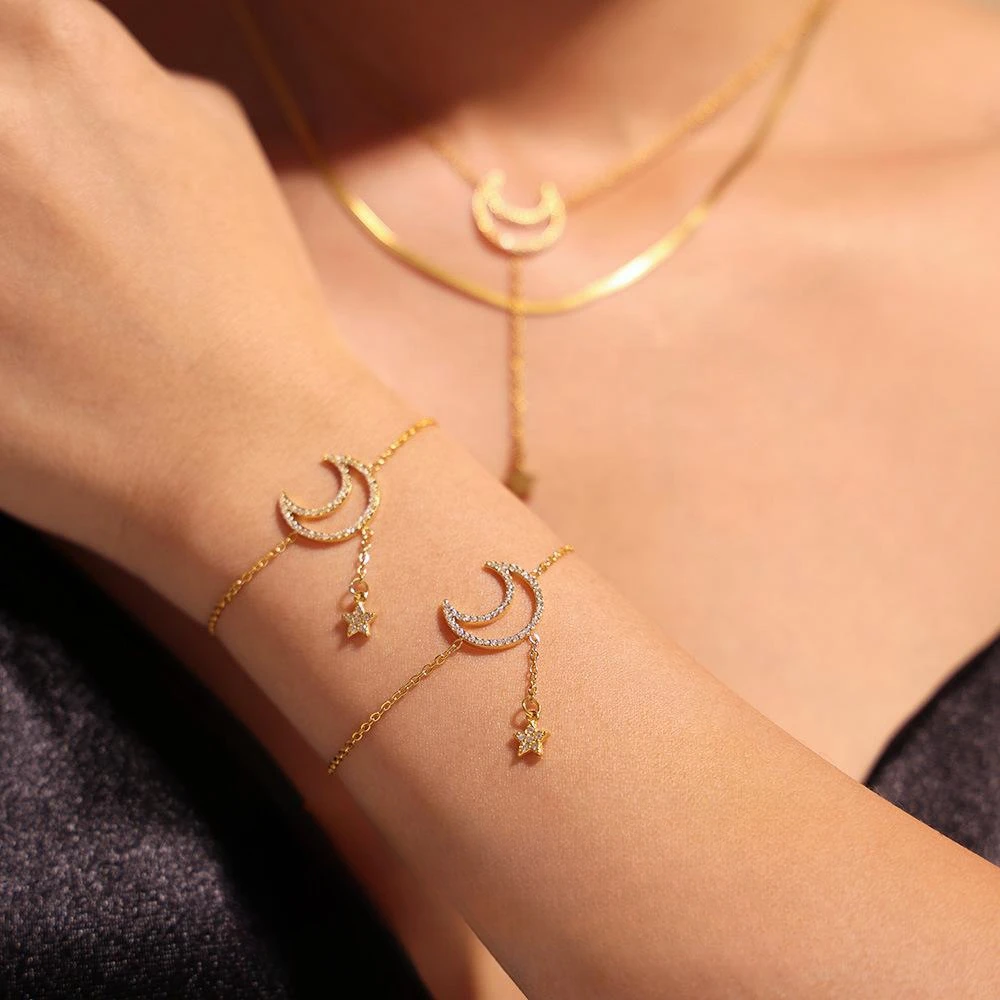 Personality Female Korean Version Necklace Moon Star Inlaid Zircon Fringe Necklace Fancy Sweet Gold Plated Cheap Jewelry