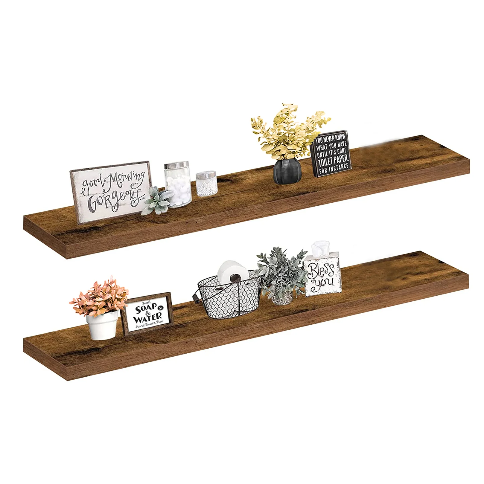 Set of 2 Classic Natural Solid 48in Wood Wall Shelf Hanging Storage Furniture Metal Mounted Wall Floating Shelves