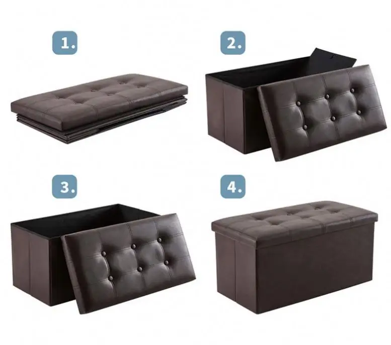 Factory Outlet High Quality 30 Inches Faux Leather Pouf Ottoman Of Bedroom Folding Bench With Buttons Collapsible Storage Stool