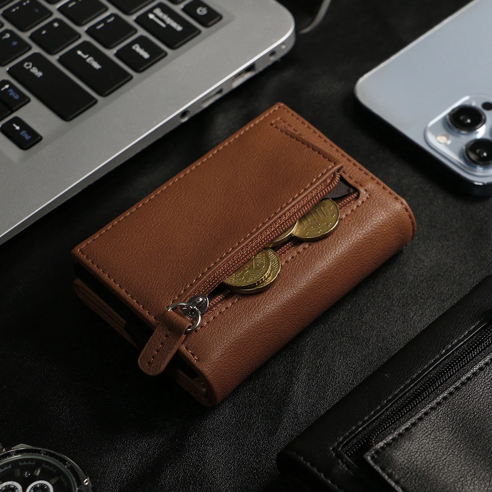 Minimalist Rfid Blocking Aluminium Case Pop Up Credit Card Holder Wallet PU Leather Aluminium Wallet For Men