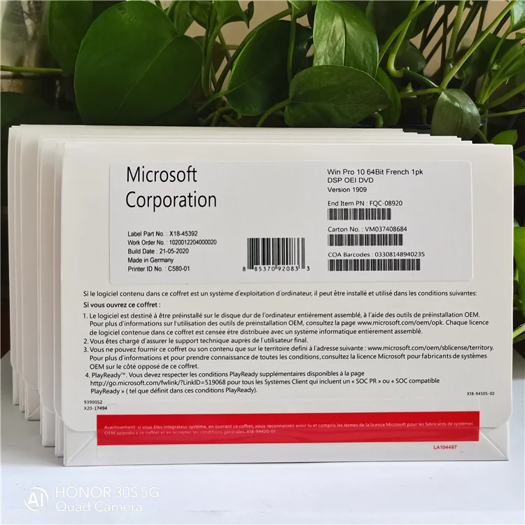 Microsoft Windows 10 Pro 64 bit Key COA OEM DVD Box полный пакет немецкий французский язык