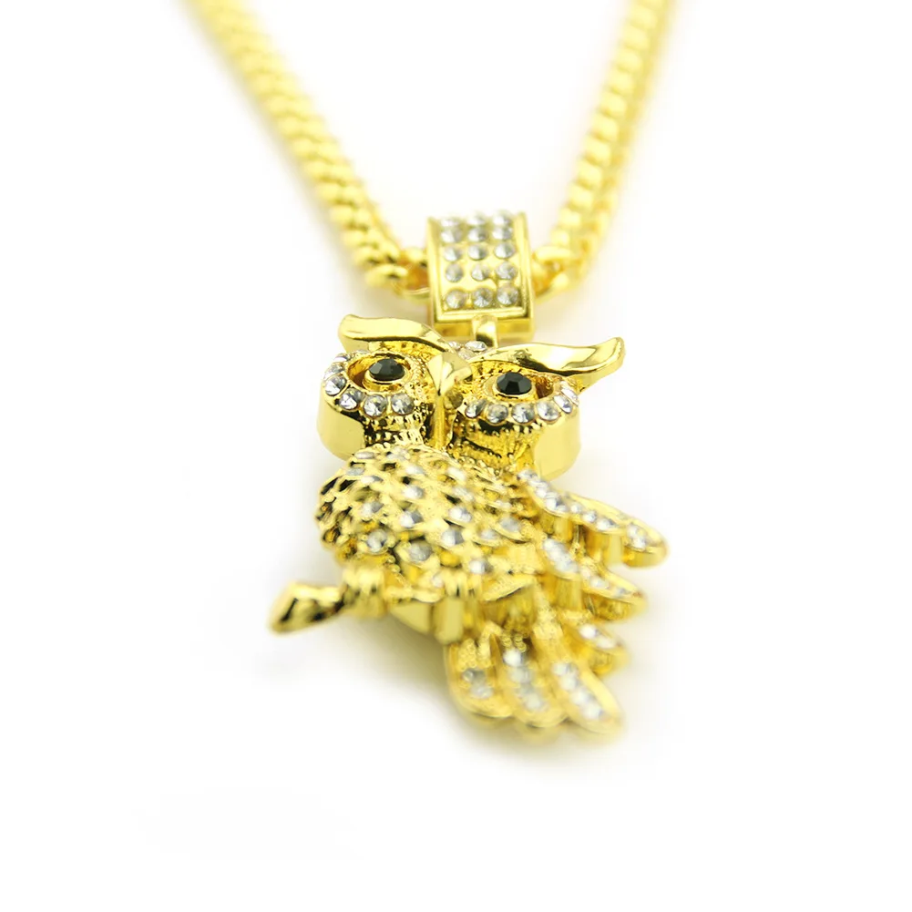 Fashion Simulated Diamond CZ 18K Gold Bling Full Iced Out Owl Pendant Necklace