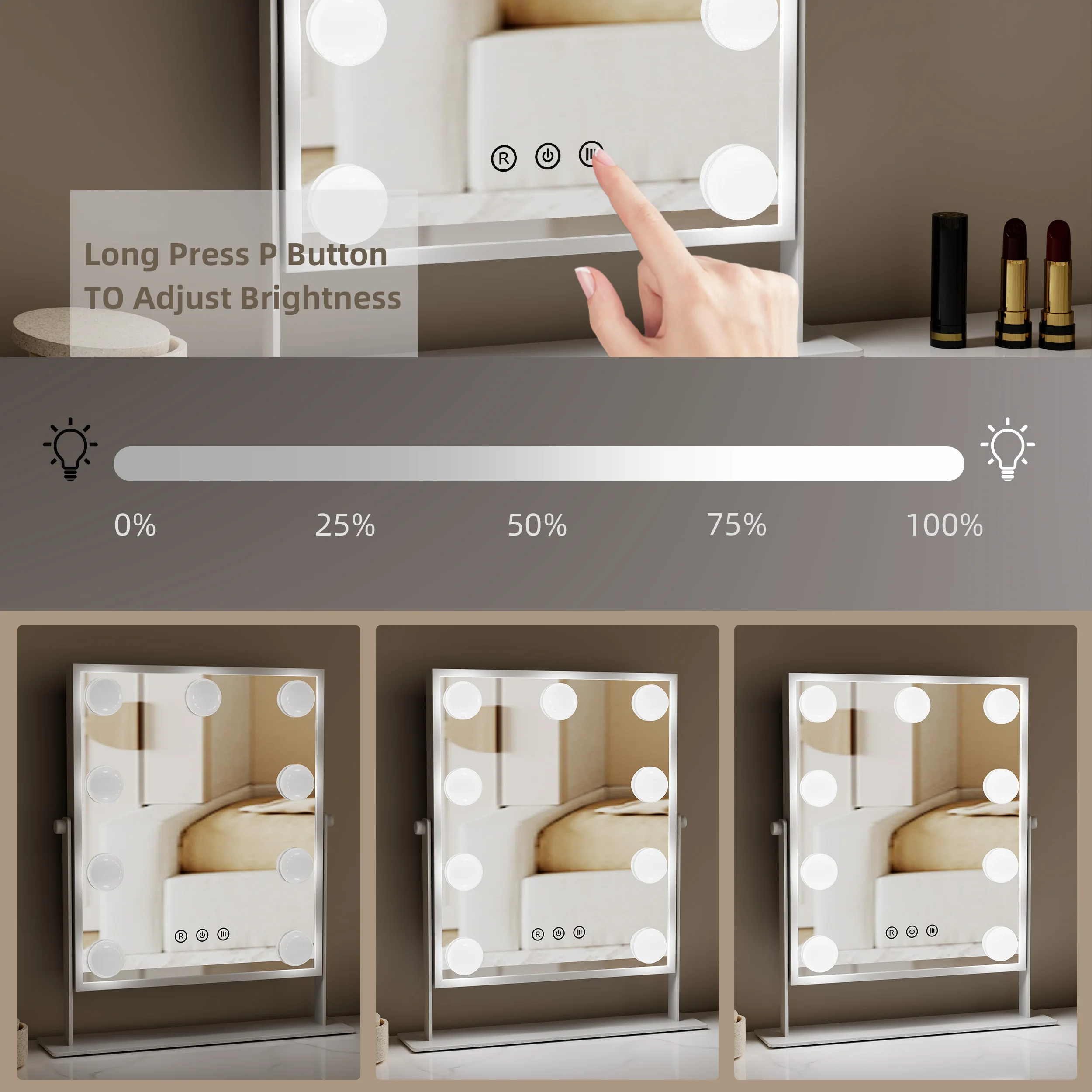 9 Dimmable Led Bulbs 3 Color Lighting White Detachable 10x Magnification Mirror Vanity Makeup Hollywood Mirror With Lights