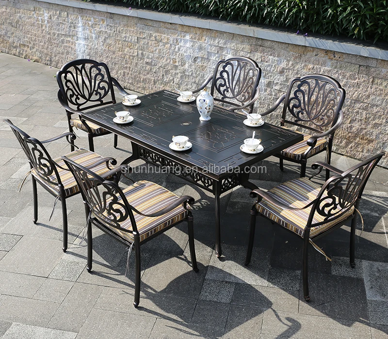 Casual outdoor patio furniture aluminium dining set six seat chairs and BBQ table