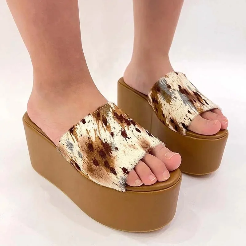 Thick platform zebra pattern horse hair women slides slippers leather sandals