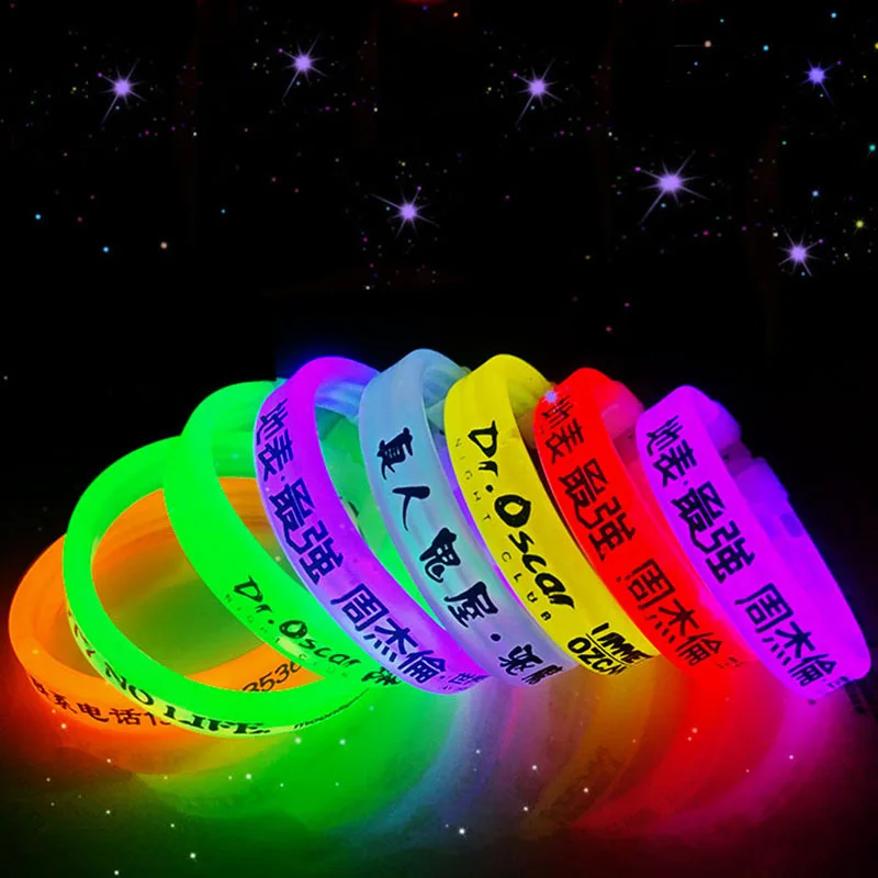 Custom LOGO Party Concert Bar Flashing Bracelet Glow stick  transparent fluorescent bracelet printed  glow in dark wristband