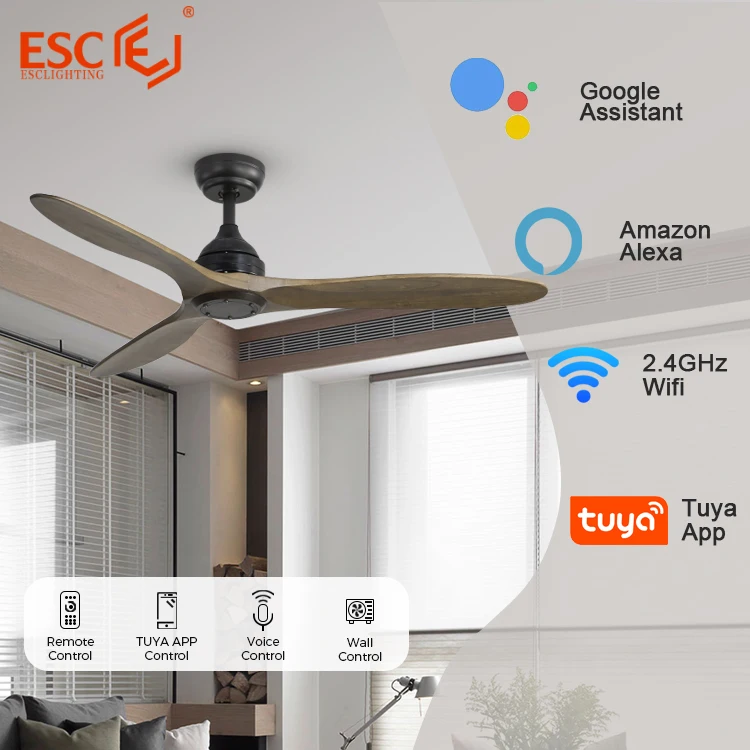 ESC LIGHTING smart air cooler dc motor ceiling fan black tuya wifi remote control 3 blade home ceiling fan