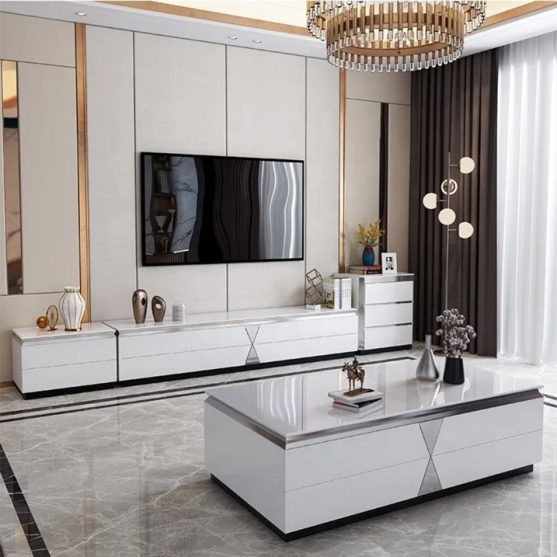 Light luxury modern coffee table TV cabinet combination size living room tempered glass rock panel coffee table simple furniture