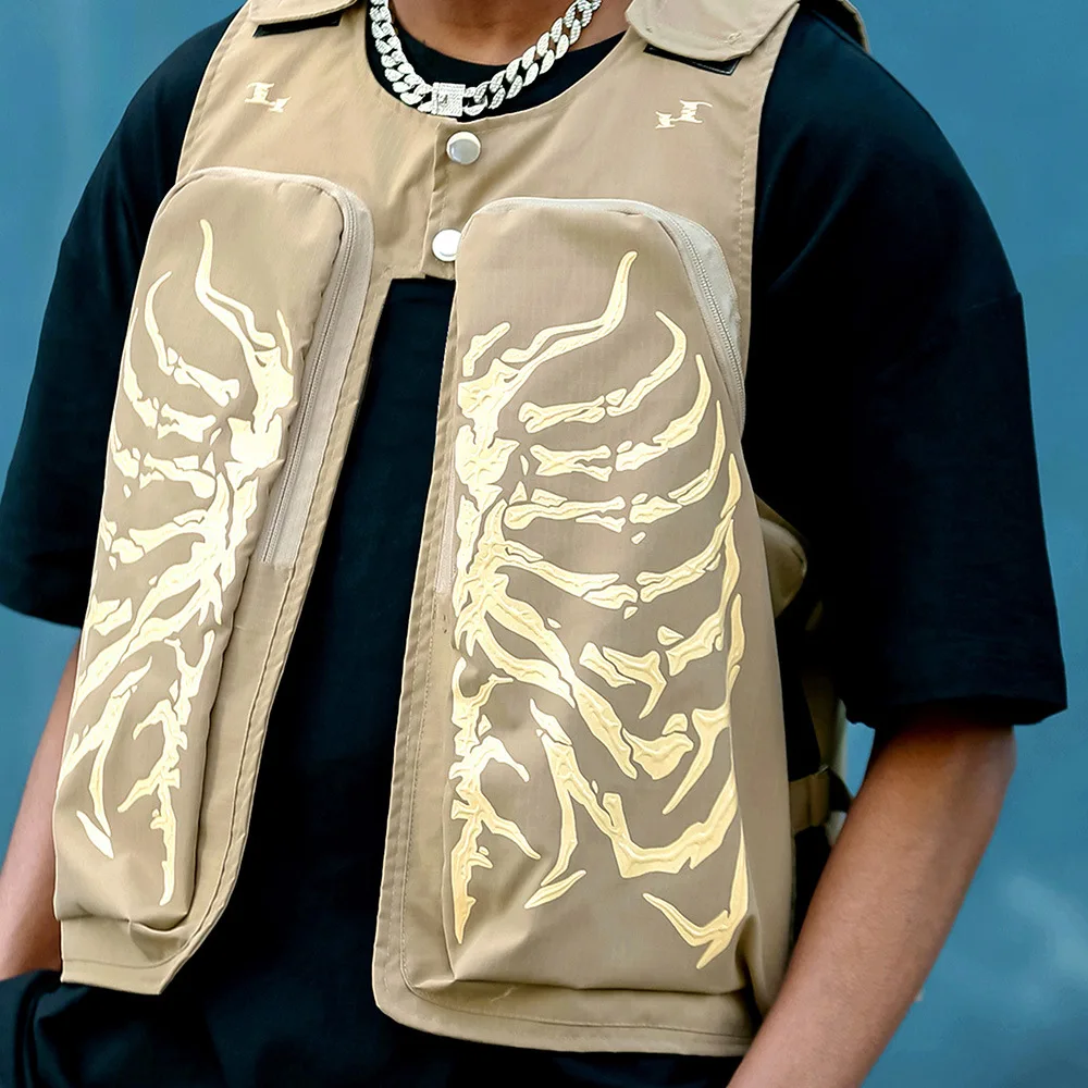 High Quality Men Utility Skeleton Vest button overalls Sleeveless Jacket Multi-pockets Functional vest men overalls utility vest