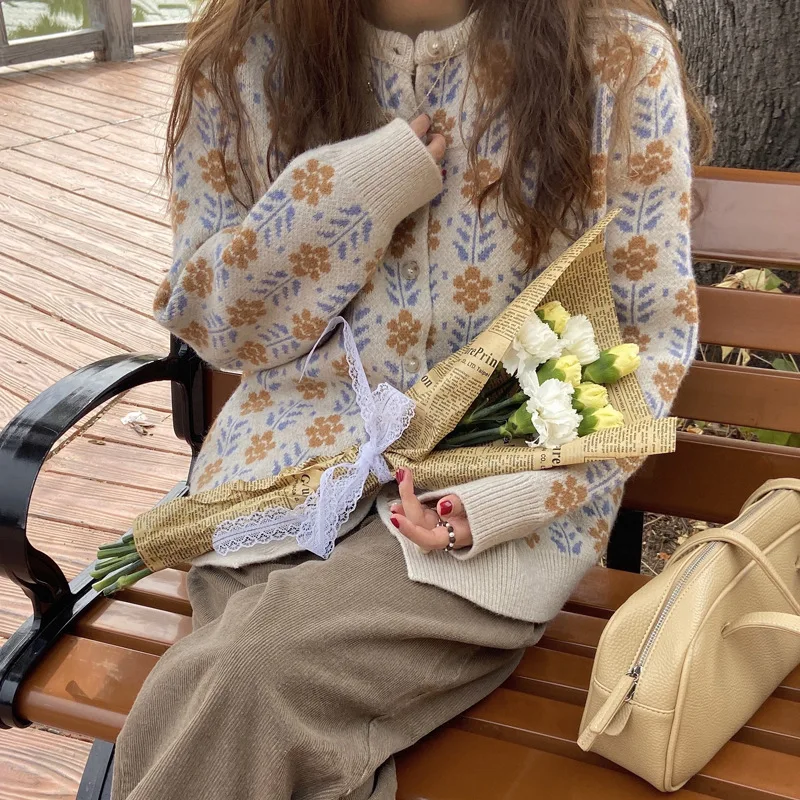 Woven Korean Version Rabbit fur Stylish Wool Long Sleeve Print Casual Women Sweaters Knit Cardigan