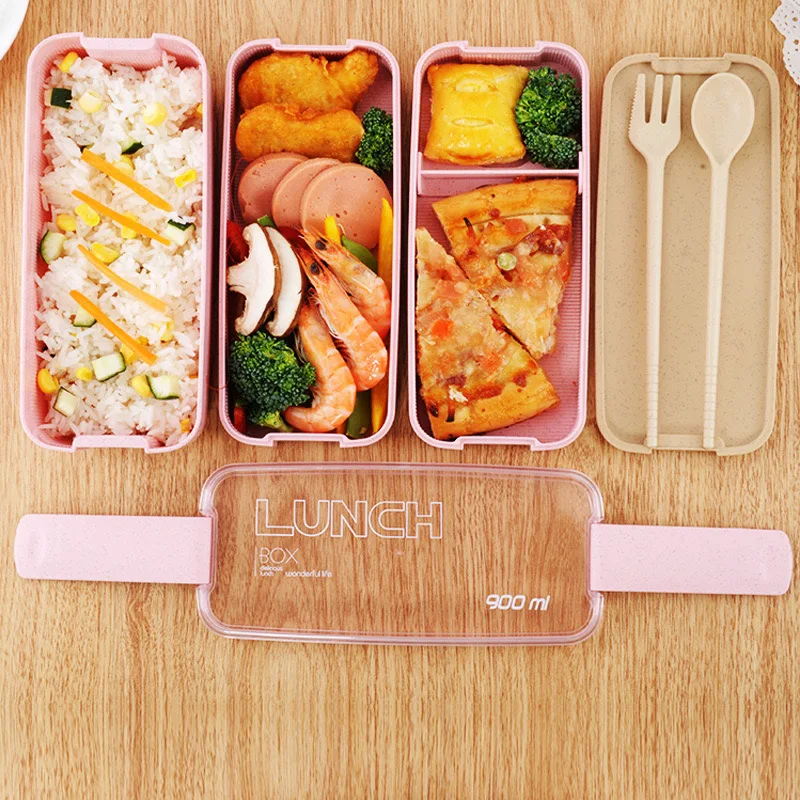 3 Layer Wheat Straw Bento Box With Spoon Fork Microwave Japanese Lunch Box For Adults Kids