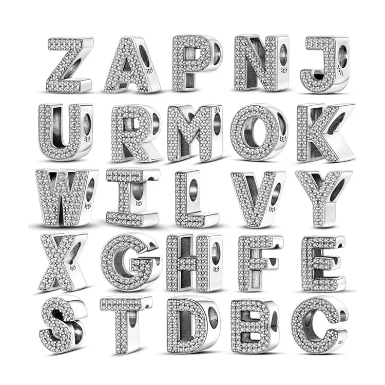 Fine Jewelry 925 Silver Alphabet Full Diamond Zircon Bulk Charms for Bracelet