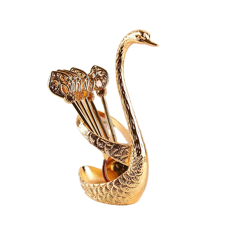 New arrival stainless steel swan shape holder coffee dessert long handle spoon set soup spoon with organizer for hotel bar party
