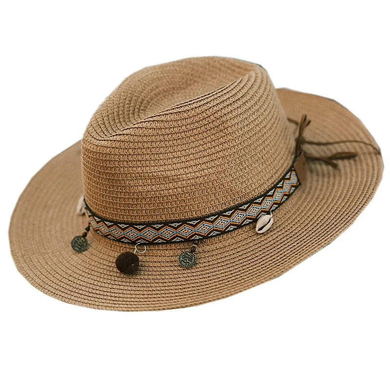 Retro Summer Beach Straw Hat High Quality Tassels Ribbon Accessories Straw Cowboy Hat for Women