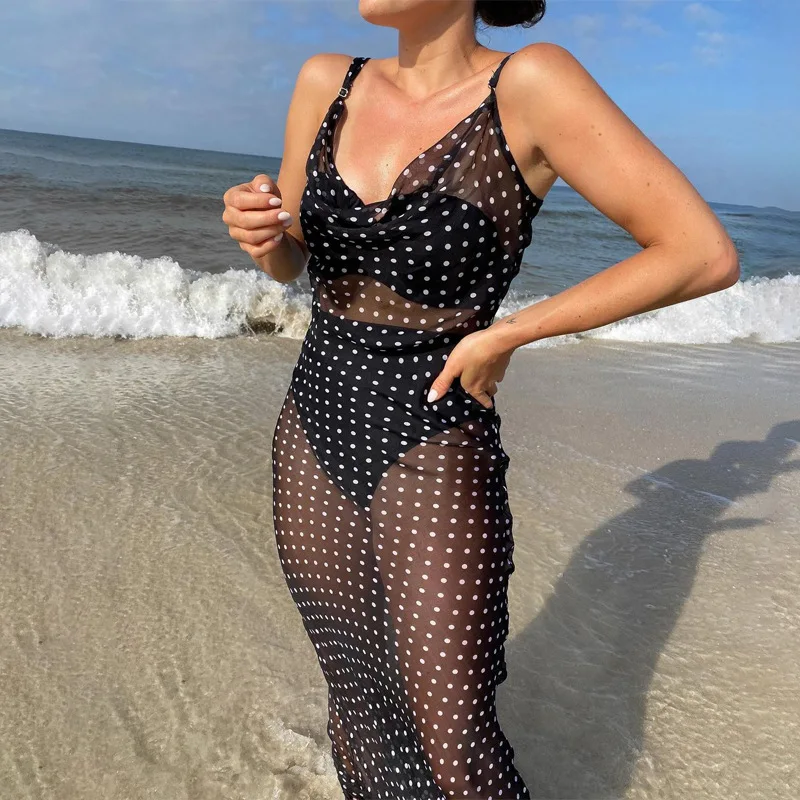 Sleeveless Zip Up Bandage Point Print Mesh See-Through Maxi Dress Sexy Autumn Winter Women Party Club Clothings